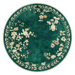 Emerald Blossom Moon Round Hand Knotted Silk Rug — emerald, green, cream chinoiserie rug by Maia Homes on a white background