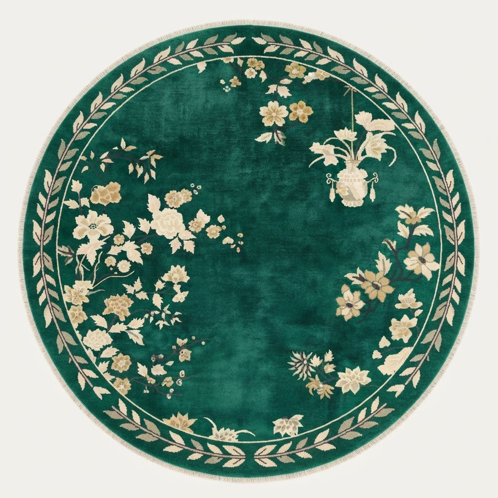 Emerald Blossom Moon Round Hand Knotted Silk Rug — emerald, green, cream chinoiserie rug by Maia Homes