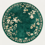 Emerald Blossom Moon Round Hand Knotted Silk Rug — emerald, green, cream chinoiserie rug by Maia Homes