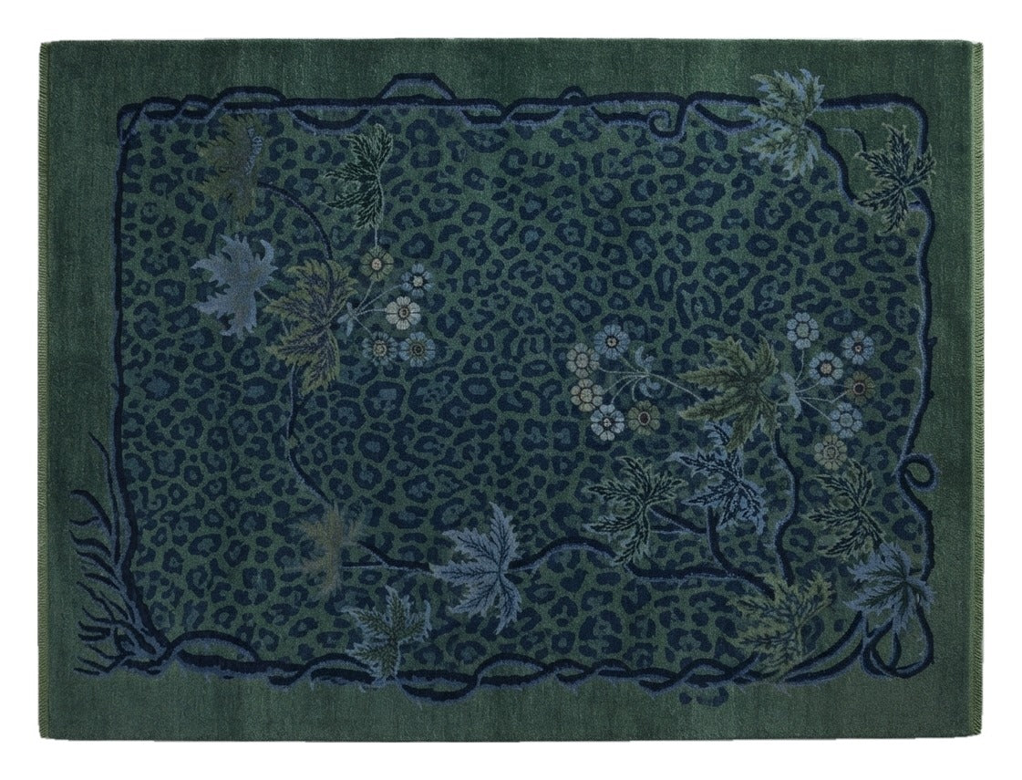Emerald Leopard Jungle Hand Knotted Rug shown flat on a white background