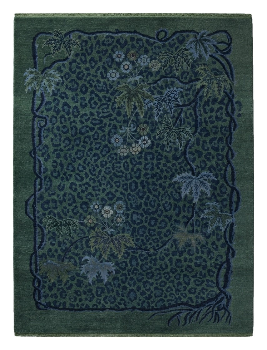 Emerald Leopard Jungle Hand Knotted Rug — green, navy, emerald animal print rug by Maia Homes on a white background