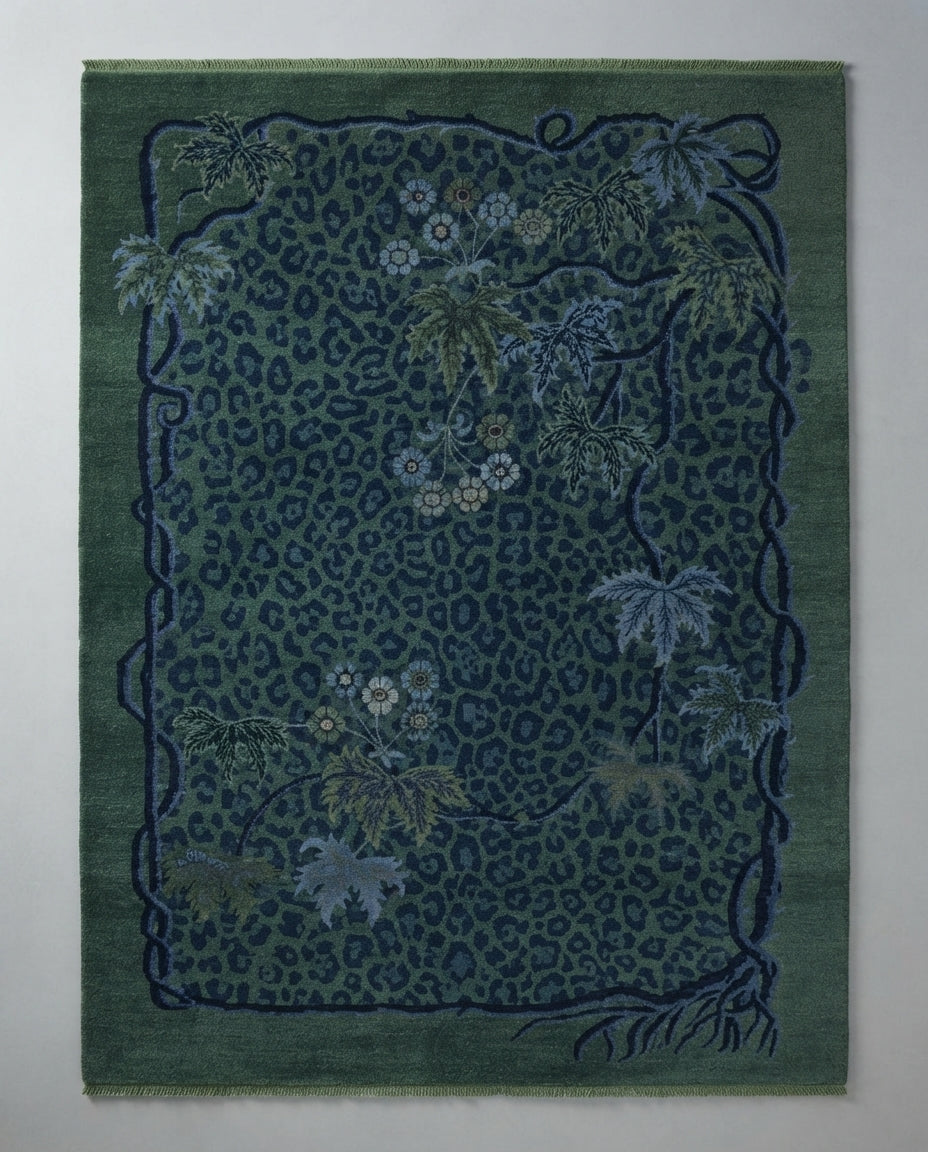 Emerald Leopard Jungle Hand Knotted Rug — green, navy, emerald animal print rug by Maia Homes