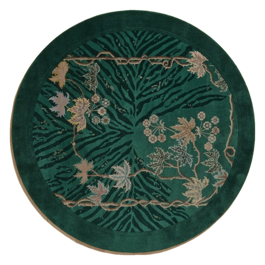 Emerald Tiger Vine Round Hand Tufted Rug shown flat on a white background