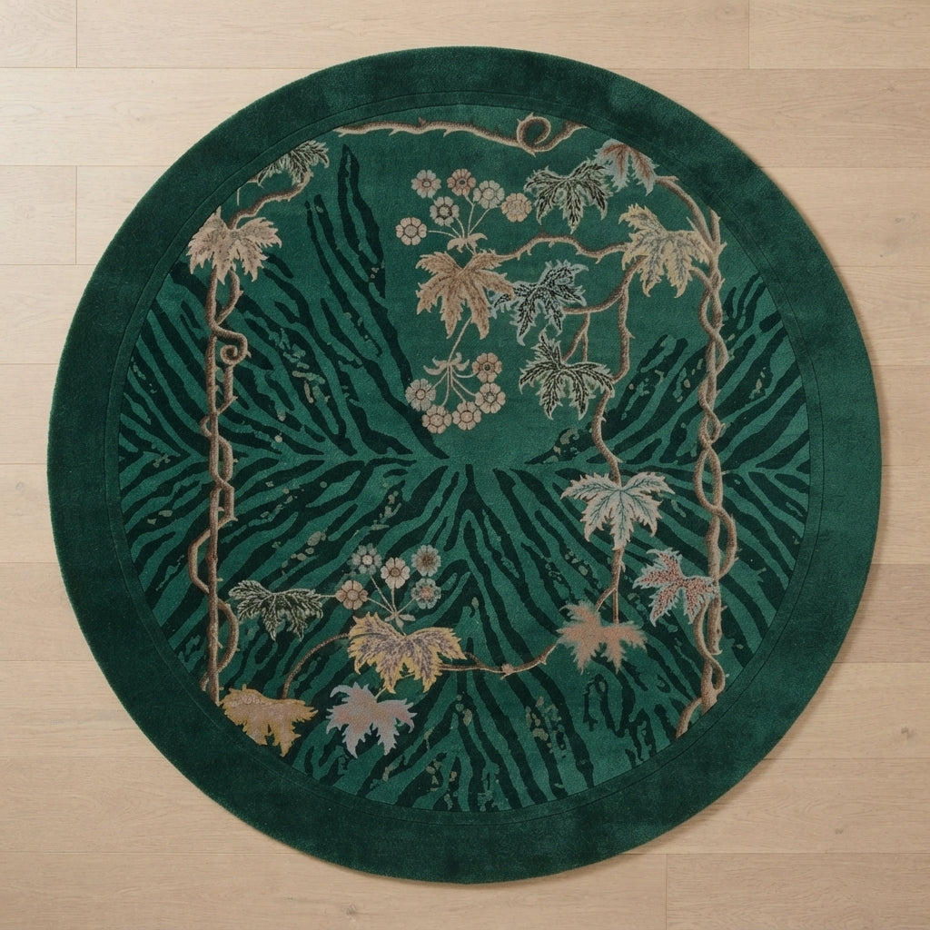 Emerald Tiger Vine Round Hand Tufted Rug — emerald, green, gold animal print rug by Maia Homes