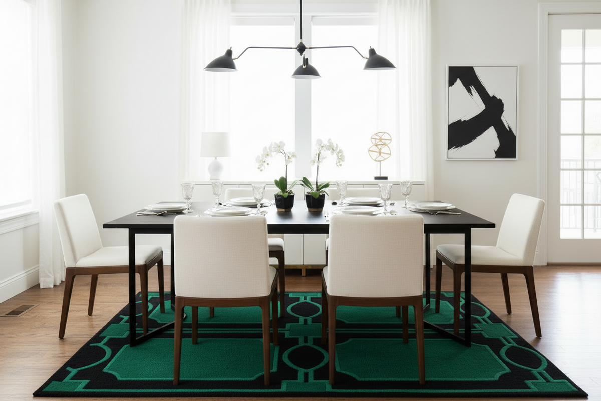 Modern dining room with a black table and white chairs on a green patterned rug.