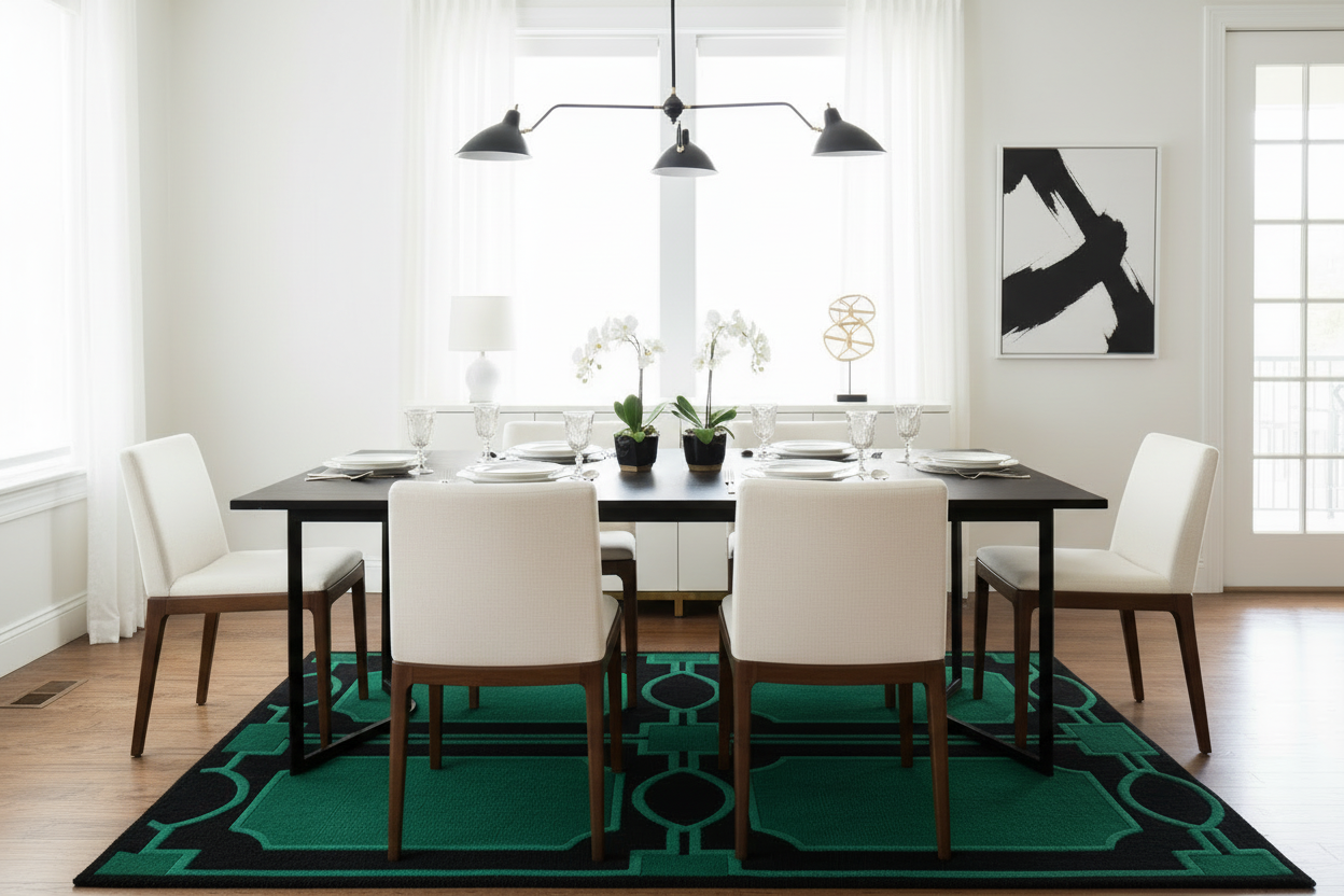 Modern dining room with a black table and white chairs on a green patterned rug.