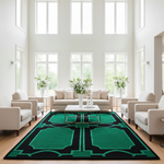 Modern living room with a green and black patterned rug, white furniture, and large windows.