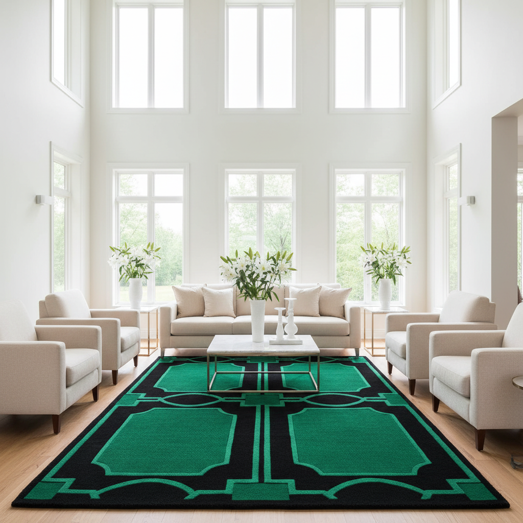 Modern living room with a green and black patterned rug, white furniture, and large windows.