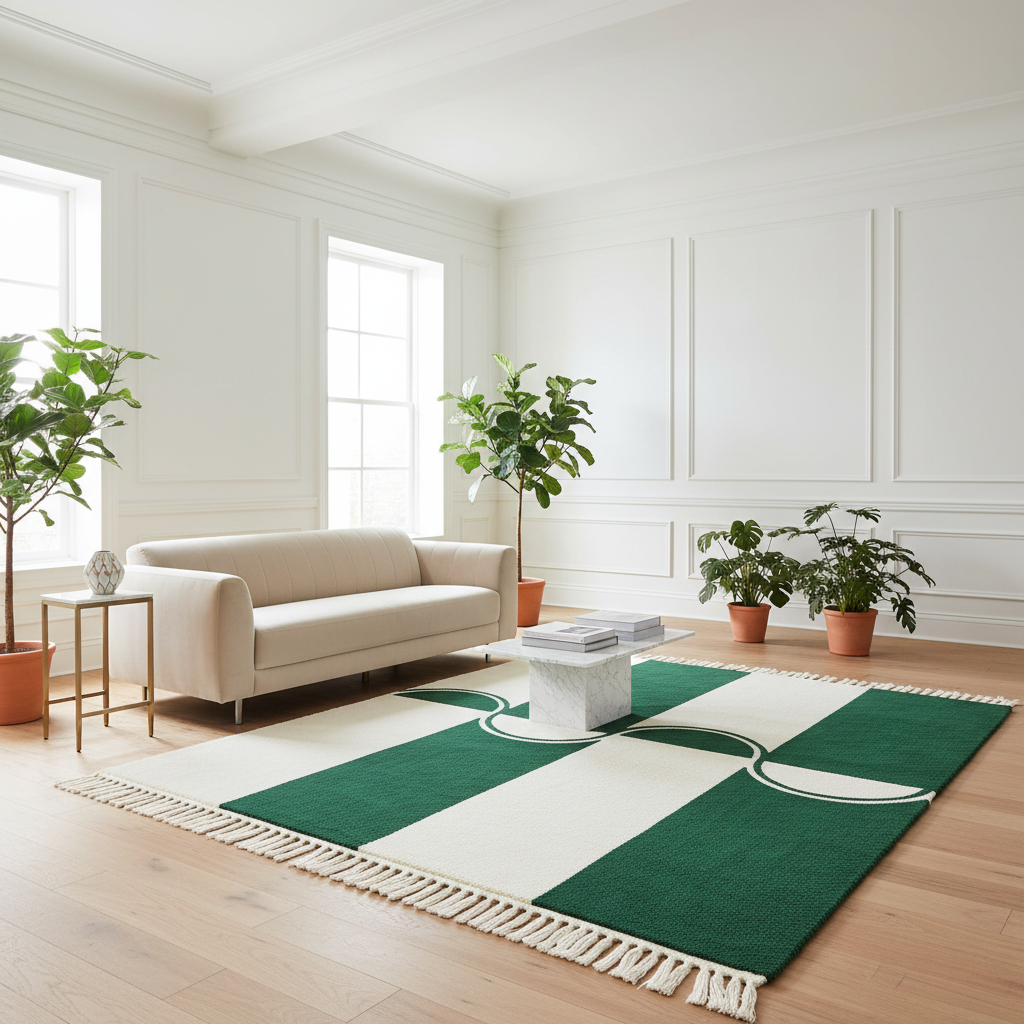 Living room with a green and white checkered rug, beige sofa, and potted plants.