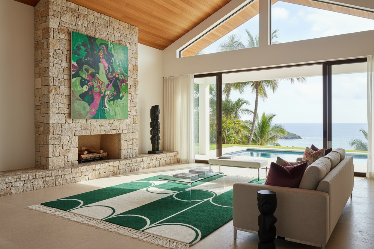Modern living room with stone fireplace, green rug, and ocean view.