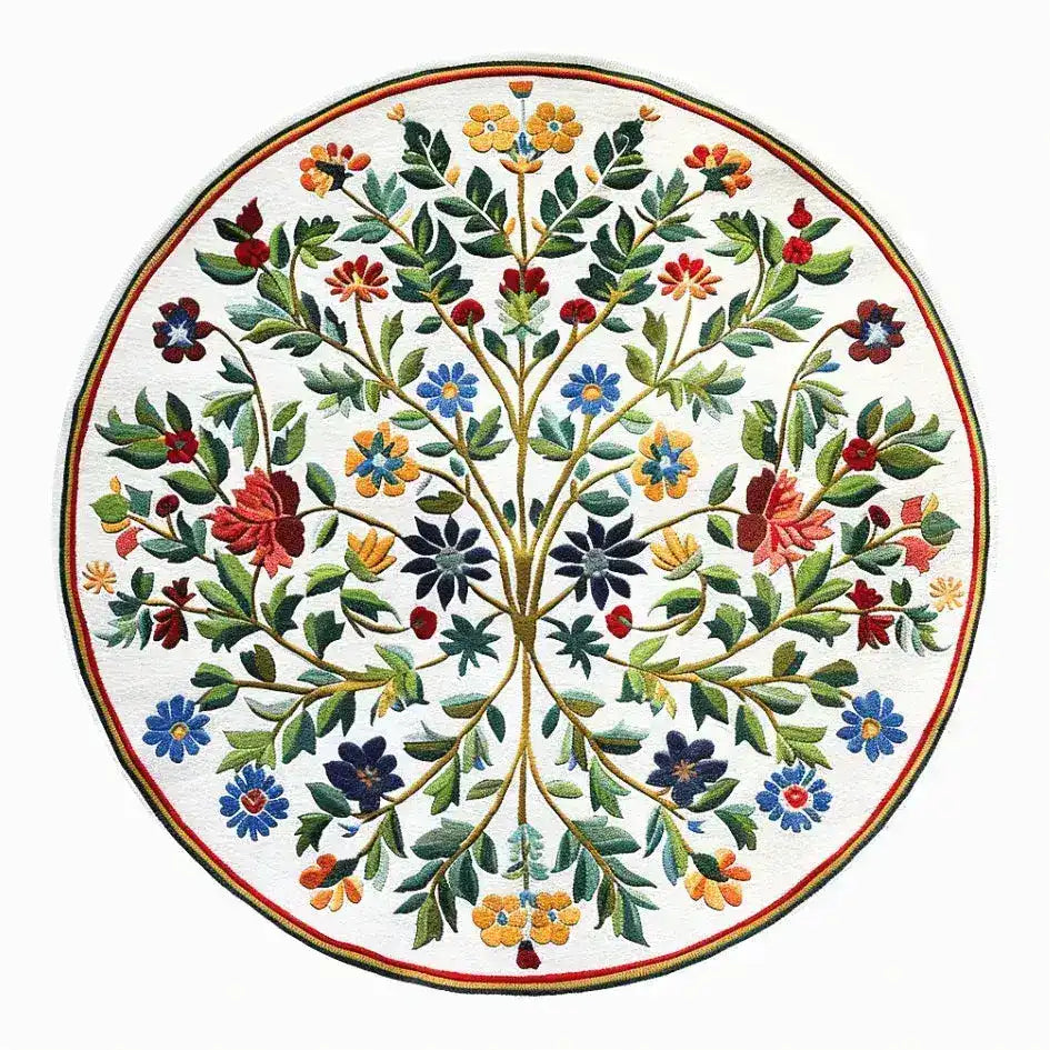 Top view of the Enchanted Arbor Hand Tufted Round Rug, a stunning area rug ideal for offices. This large round wool rug features a vibrant floral design with intricate leaf and flower patterns, perfect for adding a touch of nature to your office space.