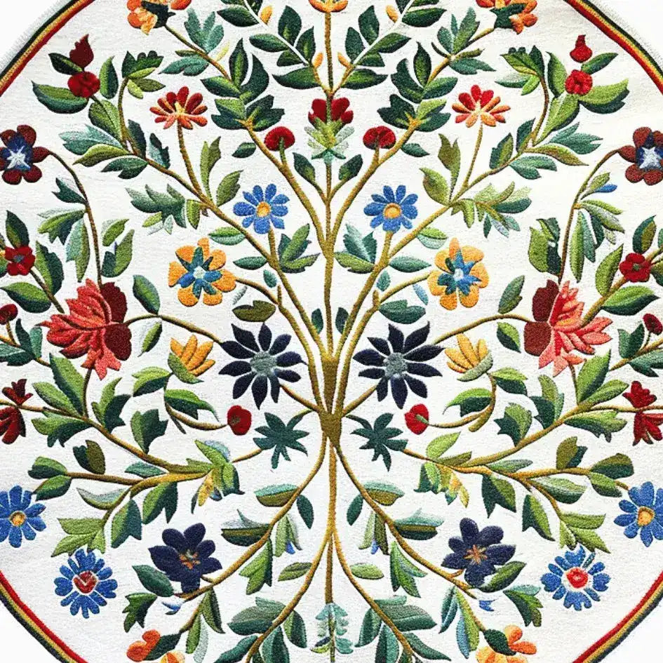 A beautifully crafted Enchanted Arbor Hand Tufted Round Rug, perfect for office spaces, showcasing a vibrant floral pattern with a mix of bright reds, blues, and greens on a wool surface. This large area rug adds a touch of elegance and color, ideal for those seeking stylish office rugs or wool rugs for their workspace.