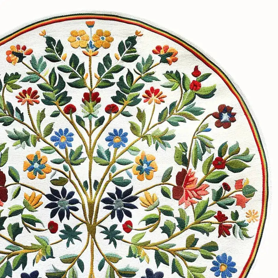 Vibrant Enchanted Arbor Hand Tufted Round Rug featuring a colorful floral design, perfect as a large area rug for an office. This wool rug adds a touch of elegance to any space, making it ideal for office rugs and round rug enthusiasts.