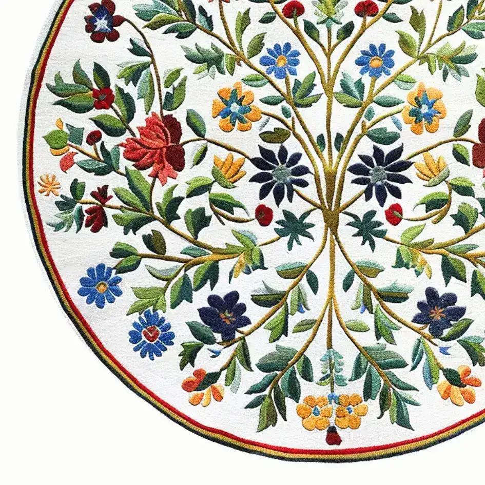 The Enchanted Arbor Hand Tufted Round Rug is a vibrant wool area rug perfect for office settings. Its intricate floral design features colorful blooms and leafy branches, offering a striking centerpiece for large office areas. This elegant round rug combines artistry and function, enhancing any office space with its detailed craftsmanship.