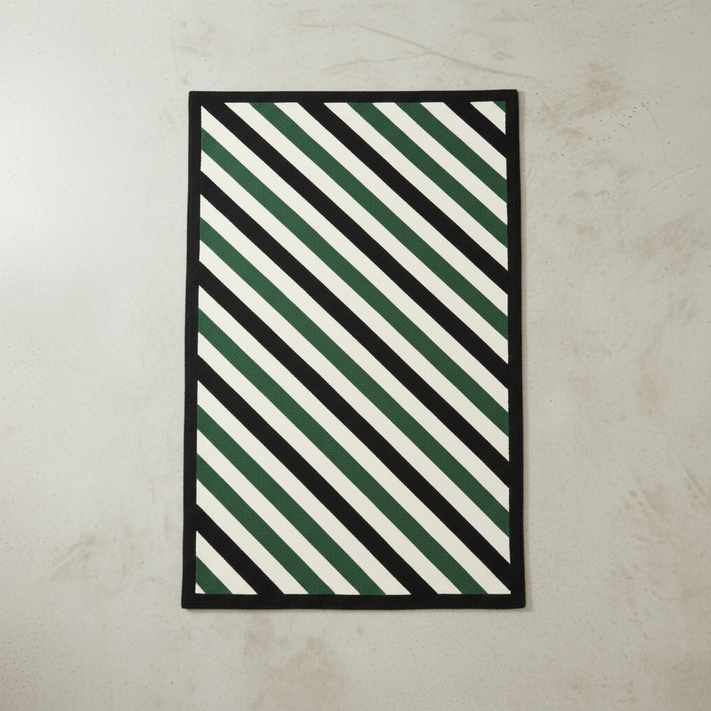 Envelop Stripes Hand Tufted Wool Rug with green and white diagonal stripes on a beige floor.