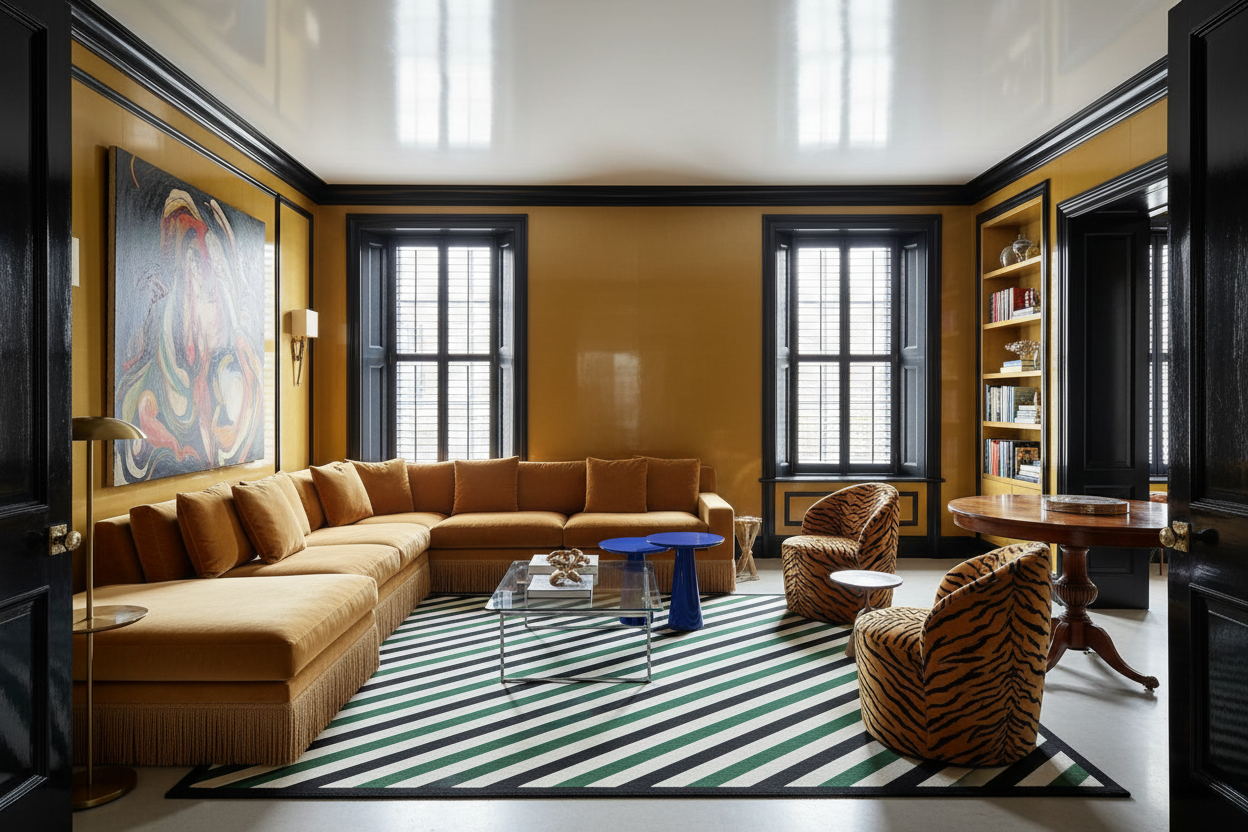 Modern living room with a sectional sofa, striped rug, and decorative elements.