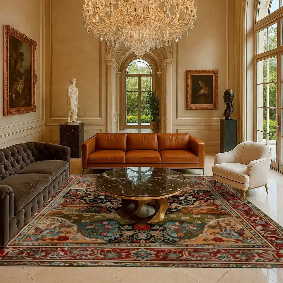 Elegant living room featuring a luxurious wool hand-knotted area rug with intricate vintage Persian designs. The square area rug complements the classic decor, including a plush brown sofa, a leather couch, and a marble coffee table, all under a stunning chandelier. Ideal for large living rooms or office spaces, this rug adds a touch of sophistication and warmth.
