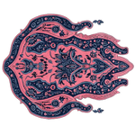 Top view of the Ethereal Empress Hand Tufted Area Rug, showcasing its intricate abstract design in vibrant pink and blue hues. This wool rug is perfect for adding a stylish touch to living room decor, making it an ideal choice for those seeking unique living room area rugs.