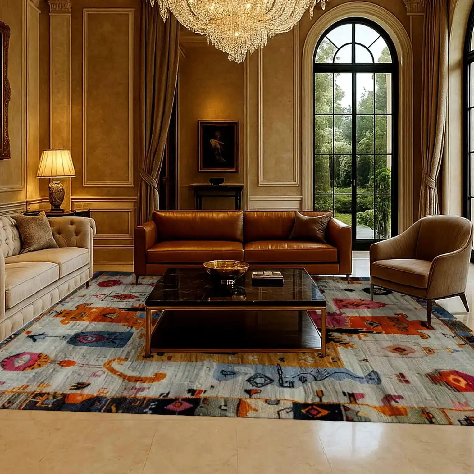 Luxurious living room featuring a hand-knotted Ethereal Mask Tapestry area rug with a vibrant, abstract design. The vintage wool rug adds a contemporary touch, making it perfect for office or bedroom settings.