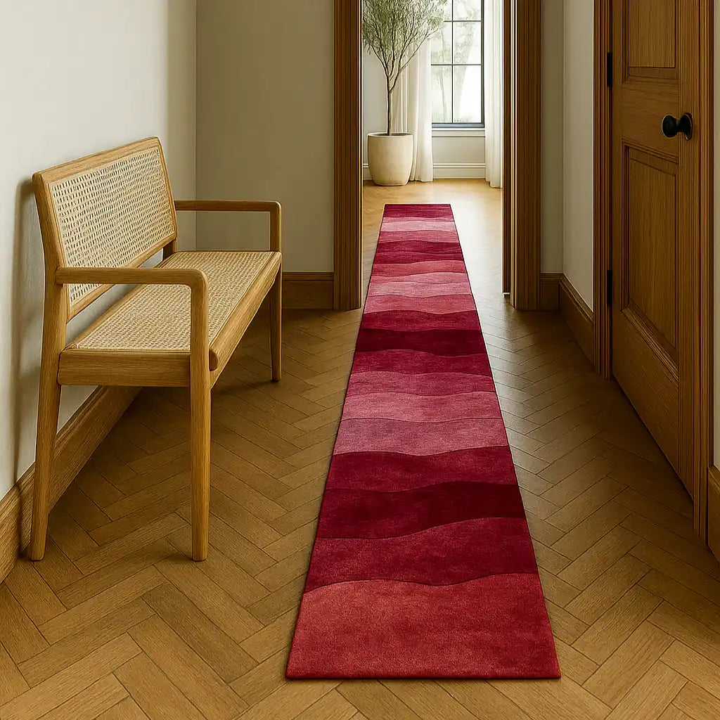 Ethereal Waves Hand Tufted Wool Runner Rug in a hallway setting, showcasing its elegant, wavy pattern in rich red tones. This contemporary rug adds a touch of sophistication to any space, perfect for use as a hallway runner rug, kitchen runner rug, or even a bathroom runner rug. Its luxurious wool texture makes it an ideal choice for enhancing the warmth and style of your home.