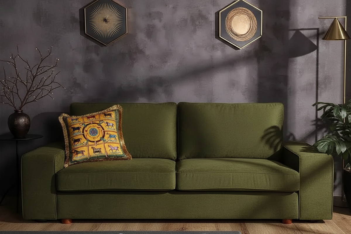 An olive green fabric loveseat sofa in a styled living room setting, featuring a decorative yellow and blue patterned throw pillow, a textured gray wall with hexagonal wall art, and a floor lamp.