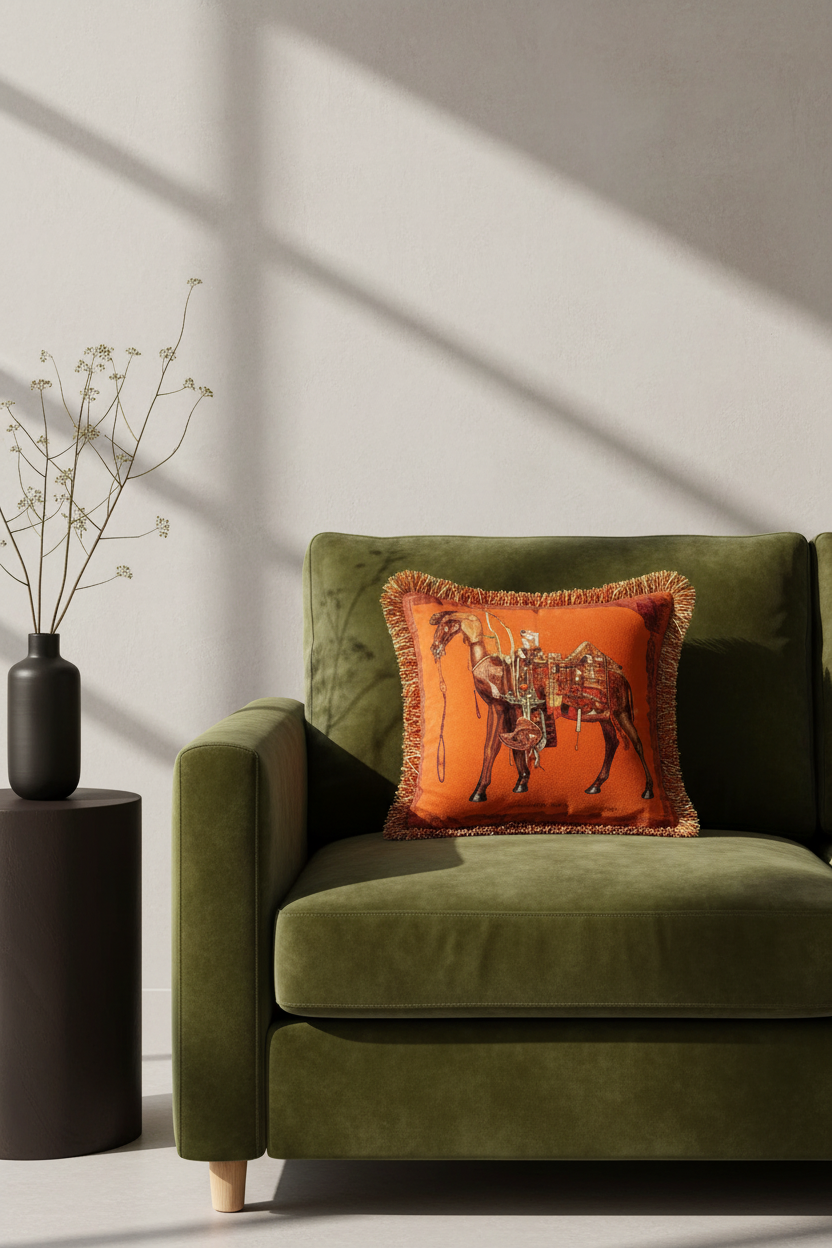 An olive green fabric loveseat sofa in a styled living room setting, featuring a decorative yellow and blue patterned throw pillow, a textured gray wall with hexagonal wall art, and a floor lamp.