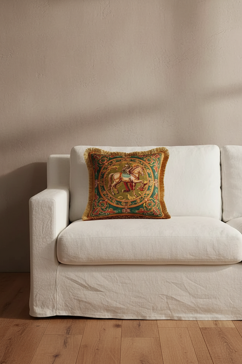 An olive green fabric loveseat sofa in a styled living room setting, featuring a decorative yellow and blue patterned throw pillow, a textured gray wall with hexagonal wall art, and a floor lamp.