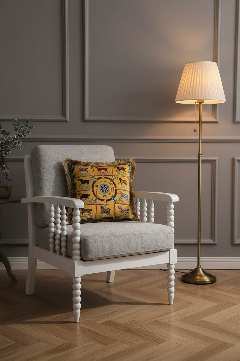 An olive green fabric loveseat sofa in a styled living room setting, featuring a decorative yellow and blue patterned throw pillow, a textured gray wall with hexagonal wall art, and a floor lamp.