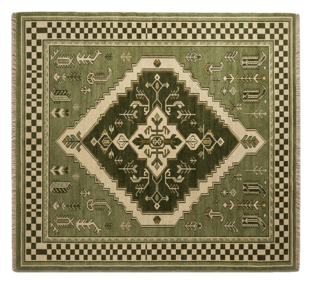 Evergreen Checkmate Hand Knotted Rug shown flat on a white background