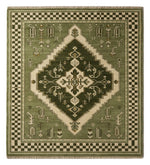 Evergreen Checkmate Hand Knotted Rug — green, olive, cream tribal rug by Maia Homes on a white background