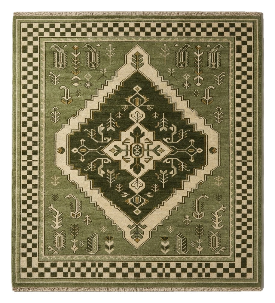 Evergreen Checkmate Hand Knotted Rug — green, olive, cream tribal rug by Maia Homes on a white background