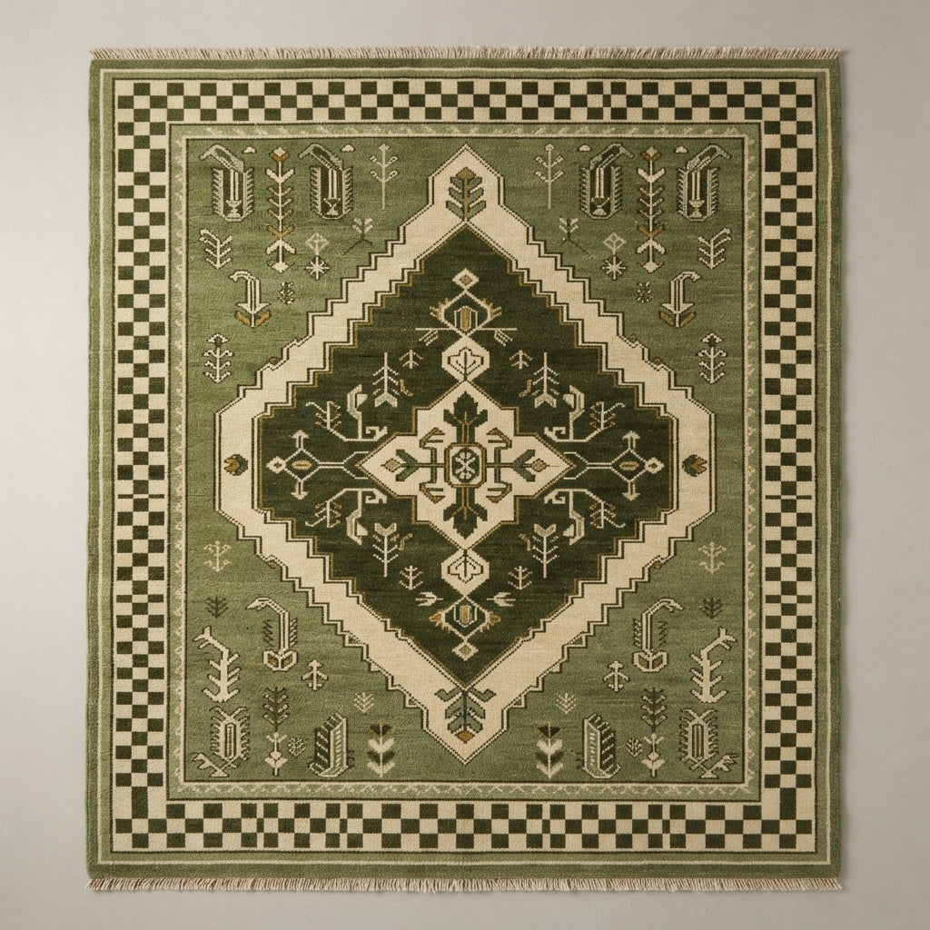 Evergreen Checkmate Hand Knotted Rug — green, olive, cream tribal rug by Maia Homes