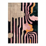An abstract area rug featuring vertical beige and black stripes alongside wavy pink, orange, and dark green shapes on a white background.