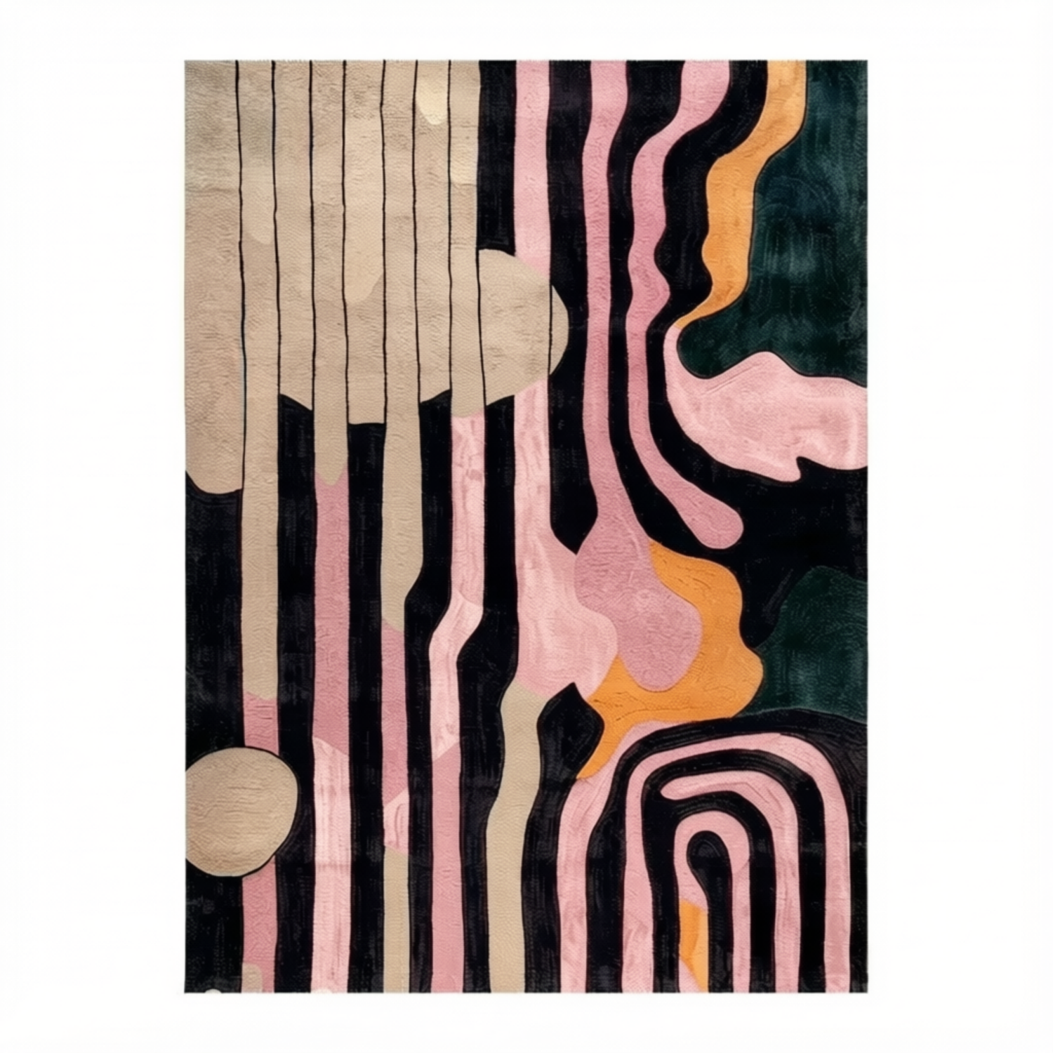 An abstract area rug featuring vertical beige and black stripes alongside wavy pink, orange, and dark green shapes on a white background.