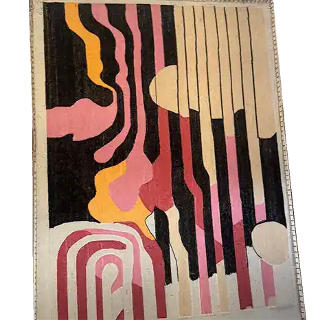 Evolving Shapes Hand Tufted Area Rug featuring a bold abstract design with vibrant colors such as black, pink, and orange. Perfect for adding a contemporary touch to living room and dining room spaces, this wool rug showcases an artistic pattern ideal for modern home decor.