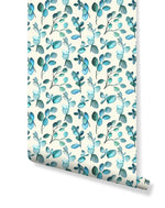 Aqua Blue Green Twigs Leaves Removable Wallpaper