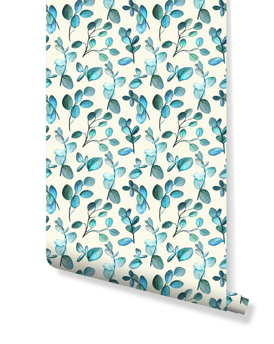 Exotic Pink Flowers Botanical Removable Wallpaper Aqua Blue Green Twigs Leaves Removable Wallpaper Aqua Blue Green Twigs Leaves Removable Wallpaper 