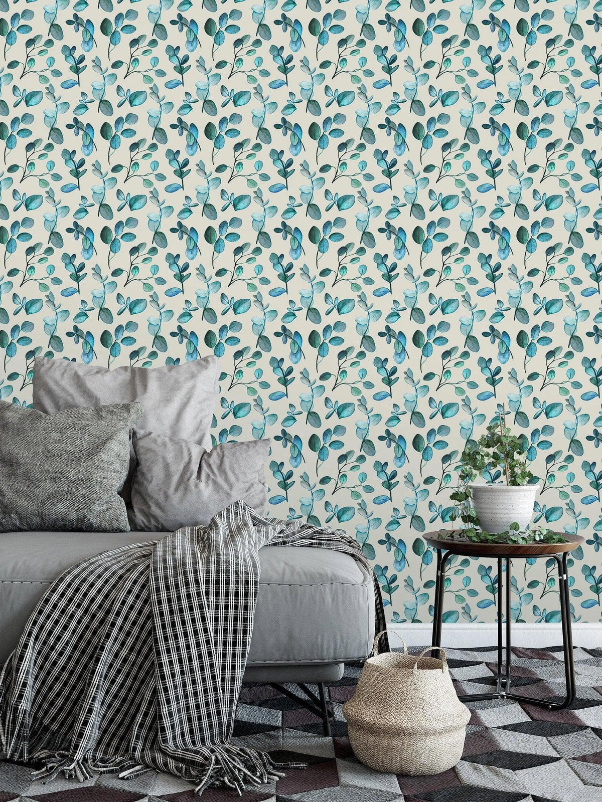 Aqua Blue Green Twigs Leaves Removable Wallpaper