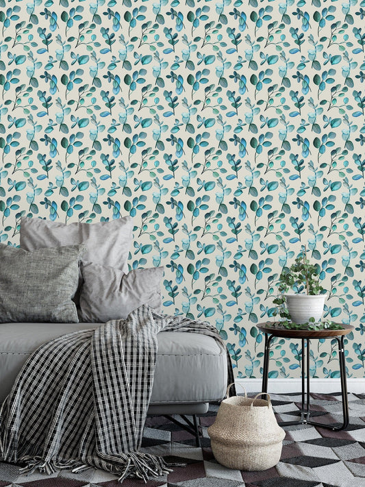 Exotic Pink Flowers Botanical Removable Wallpaper Aqua Blue Green Twigs Leaves Removable Wallpaper 