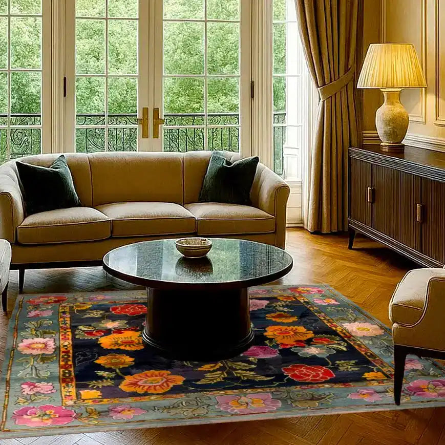 A luxurious living room featuring a vibrant Exotic Flower Hand Tufted Rug. This square area rug showcases a beautiful floral design, adding elegance to the space. The large wool rug enhances the cozy atmosphere of the living room with its intricate patterns and rich colors.