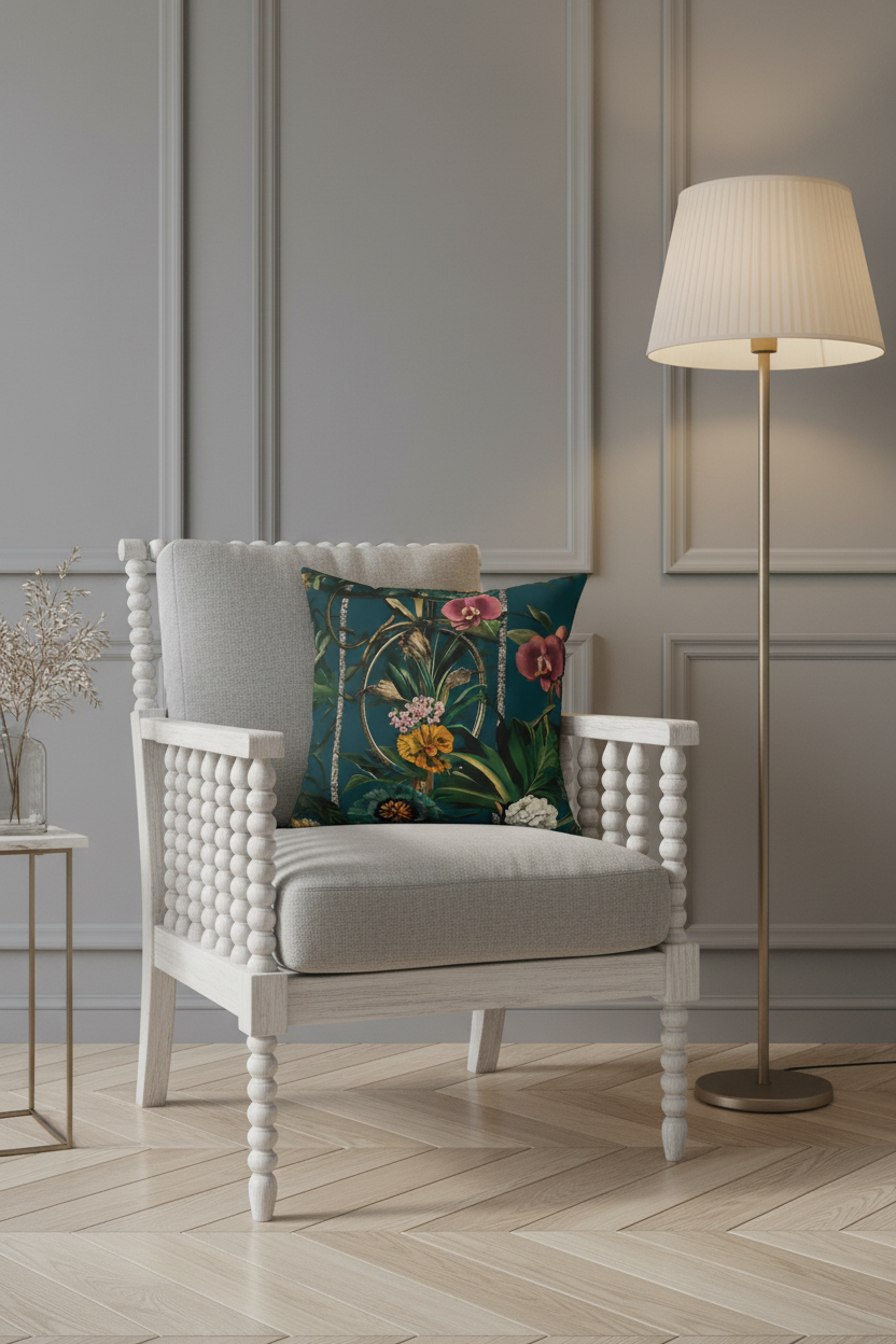 A white spindle-arm accent chair with a light beige upholstered seat and back, styled with a dark teal floral throw pillow. The chair is set in a bright, modern room with light wood herringbone flooring, a gray paneled wall, a floor lamp, and a small side table.