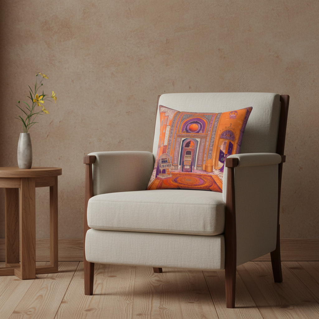 A cream upholstered armchair with dark wood arms and legs sits in a styled room setting, featuring a square throw pillow printed with a vibrant orange and purple Moroccan-style architectural pattern. A small wooden side table with a vase of yellow flowers is positioned to the left against a textured beige wall and light wood flooring.