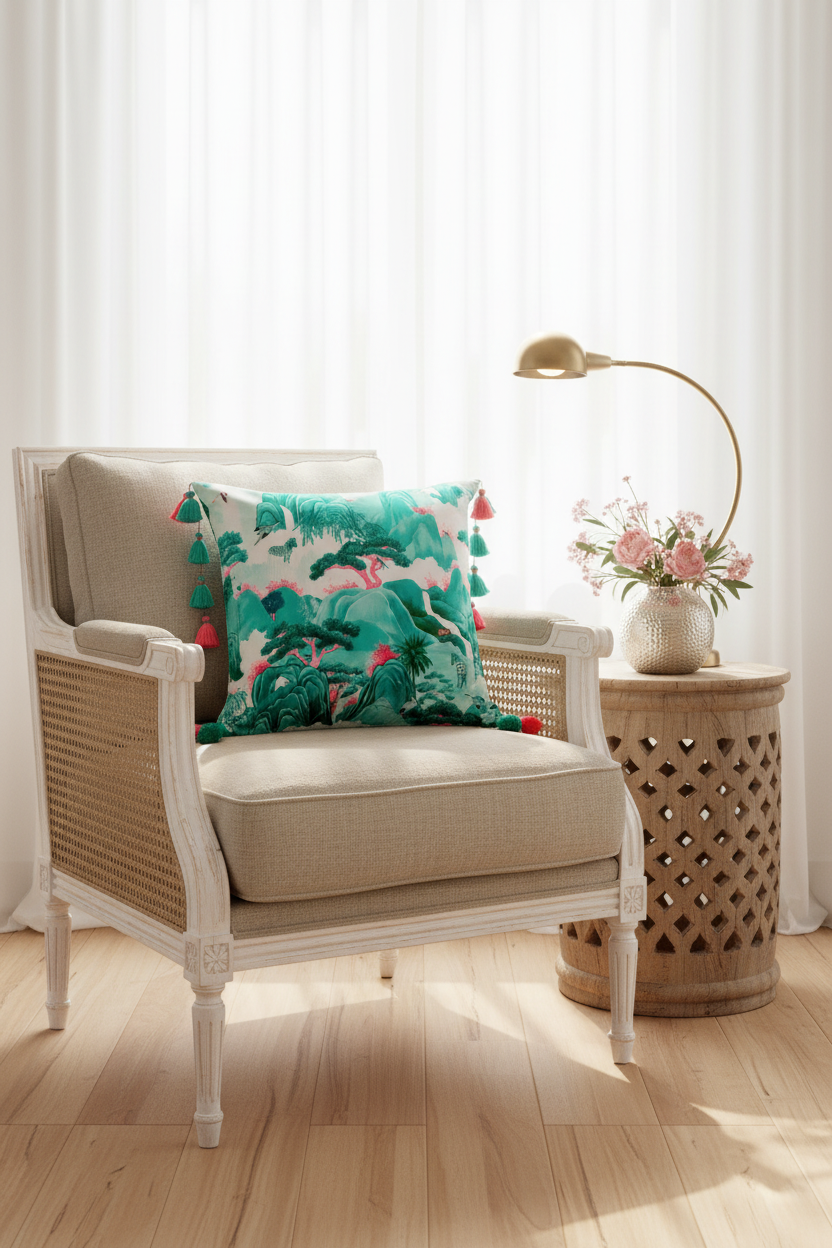 A beige upholstered rattan armchair with a tropical flamingo print throw pillow, styled in a bright room next to a wooden side table with a lamp and flowers.