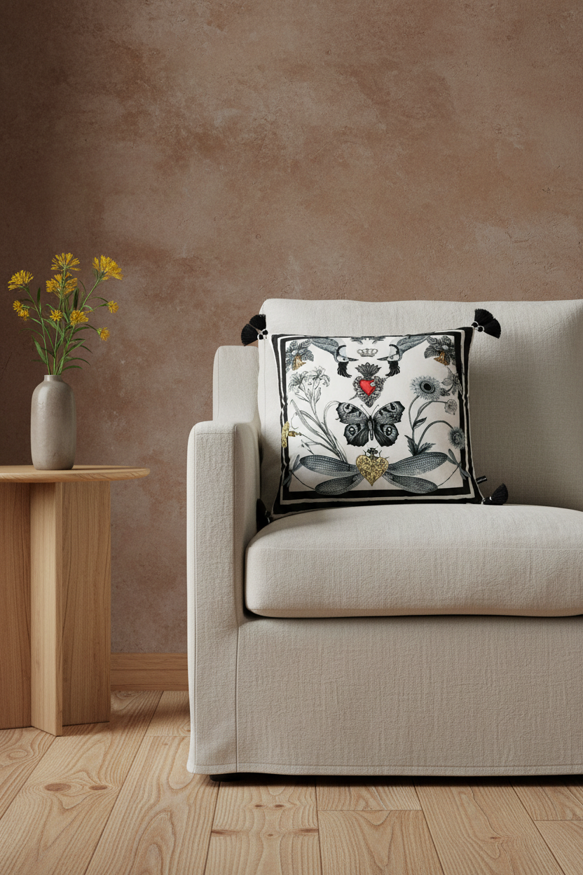 A decorative square throw pillow with a black, white, and gray butterfly and floral pattern and a small red heart accent, resting on a cream-colored armchair in a styled living room setting.