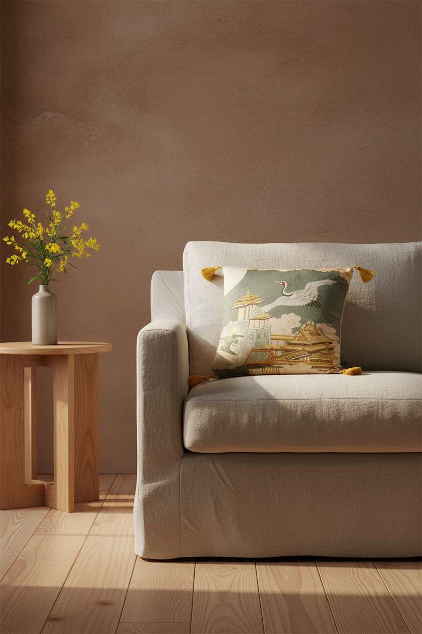 A decorative throw pillow with a vintage-style crane and boat illustration in muted green, beige, and yellow tones, styled on a cream-colored sofa in a warm, minimalist living room setting.
