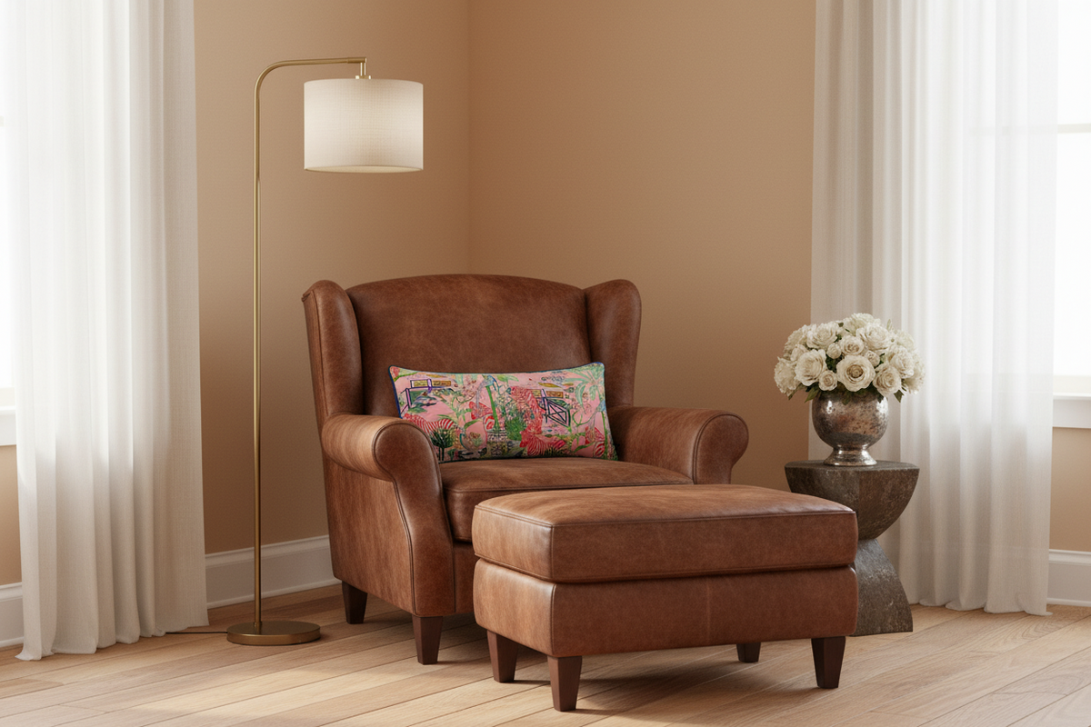 A brown leather wingback armchair with a matching ottoman in a warm, styled room. A colorful floral accent pillow rests on the chair, alongside a gold floor lamp and a side table with a vase of white flowers.