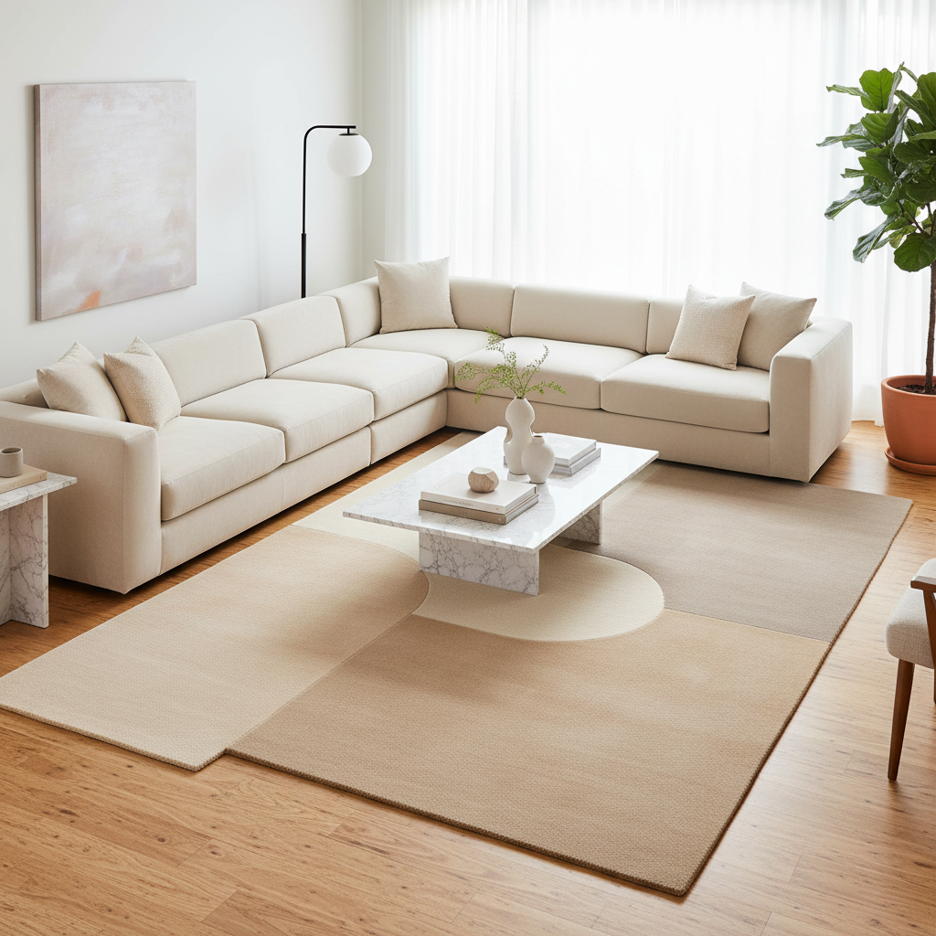 Modern living room with a beige sectional sofa, marble coffee table, beige rug, and decorative items.