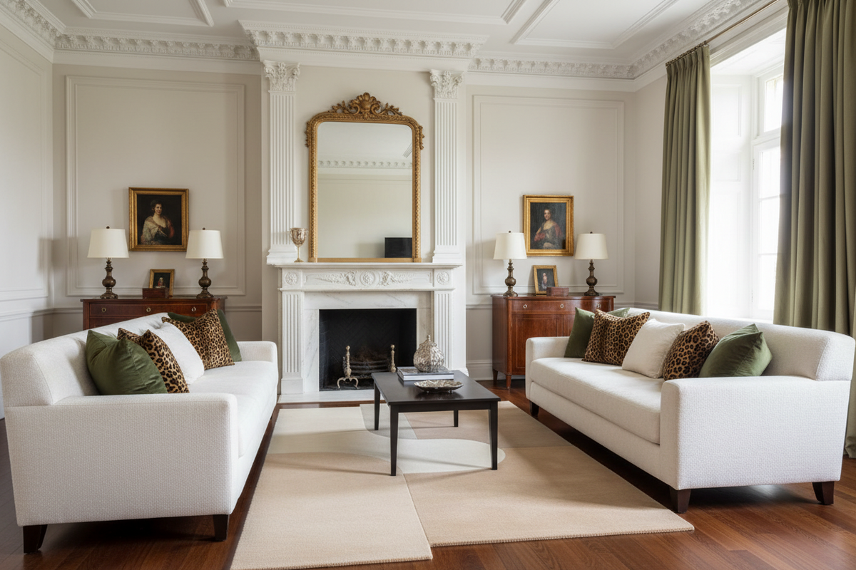 Living room with white sofas, a fireplace, and decorative rug.