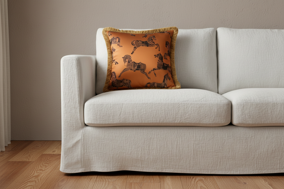 A square decorative throw pillow with a gold and brown horse pattern, styled on a cream-colored fabric sofa in a living room setting with a wooden floor.