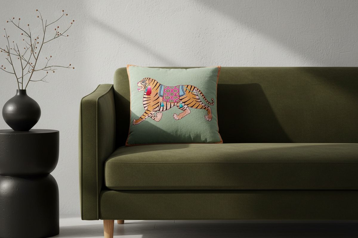 An olive green sofa in a modern room setting, featuring a square throw pillow with a colorful embroidered tiger design on a sage green background.